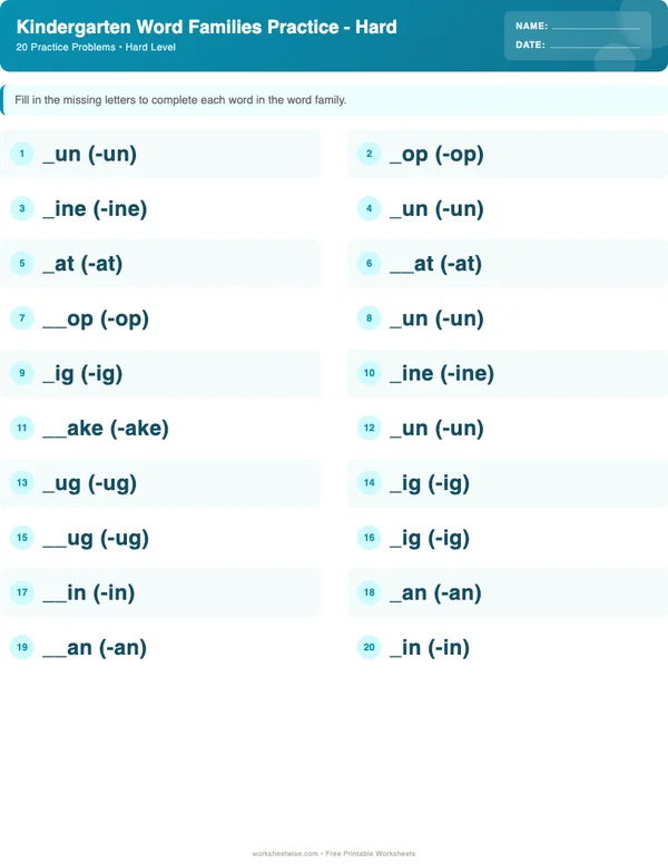 Kindergarten Word Families Worksheets - Ocean Theme (Hard)