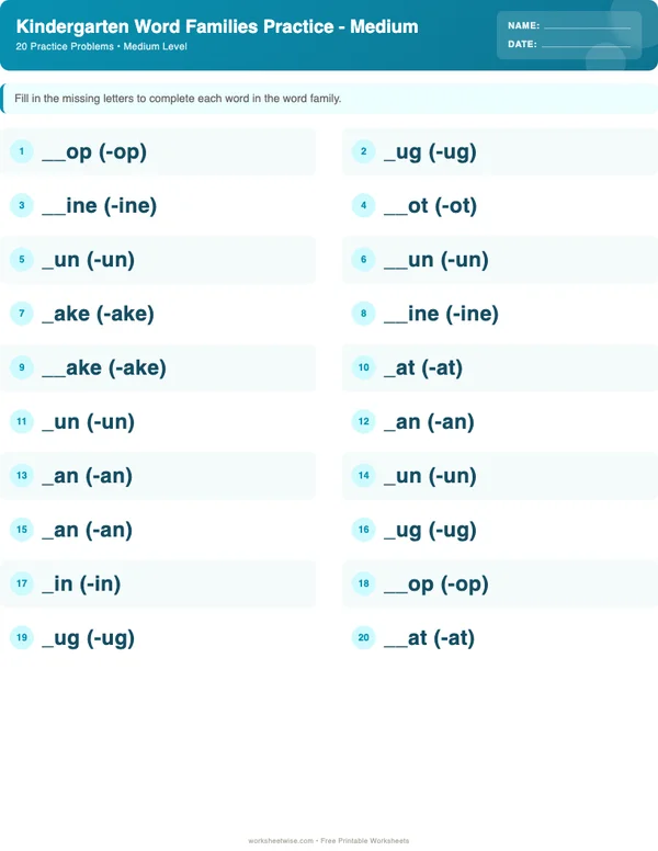 Kindergarten Word Families Worksheets - Ocean Theme (Medium)