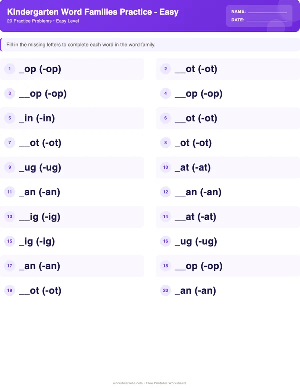 Kindergarten Word Families Worksheets - Space Theme (Easy)