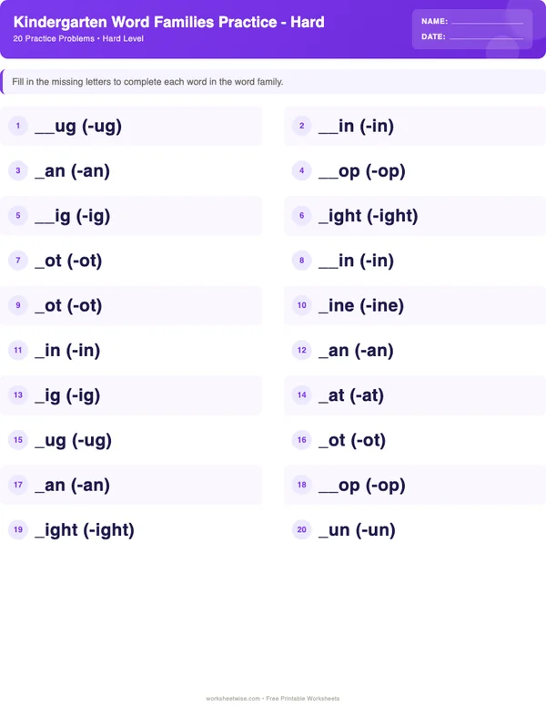 Kindergarten Word Families Worksheets - Space Theme (Hard)