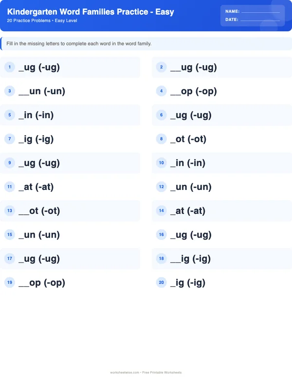 Kindergarten Word Families Worksheets - Standard Theme (Easy)