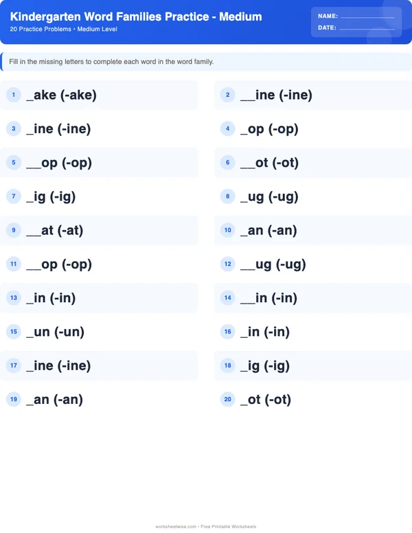 Kindergarten Word Families Worksheets - Standard Theme (Medium)