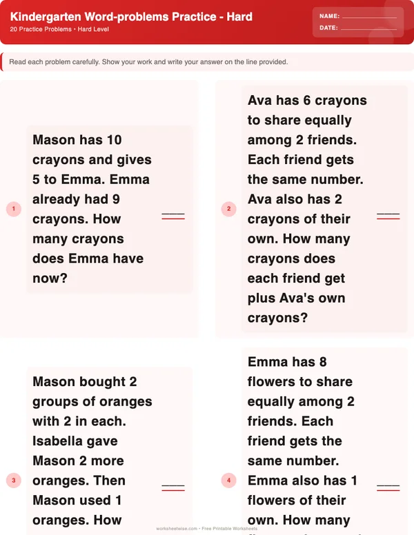 Kindergarten Word Problems Worksheets - Christmas Theme (Hard)