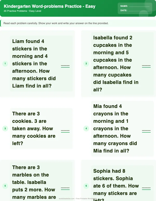 Kindergarten Word Problems Worksheets - Dinosaur Theme (Easy)