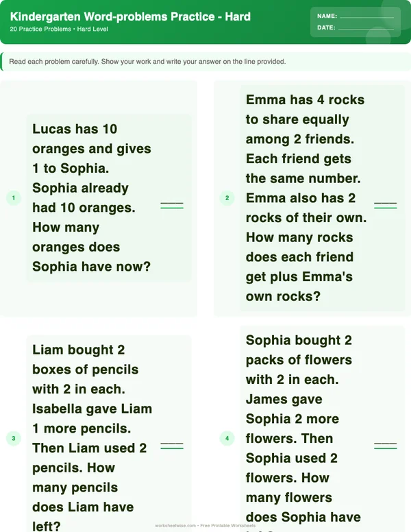 Kindergarten Word Problems Worksheets - Dinosaur Theme (Hard)