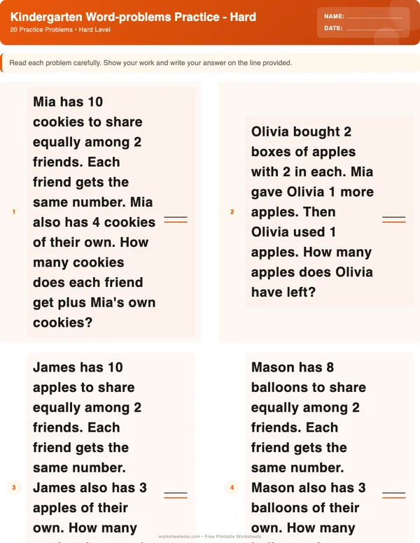 Kindergarten Word Problems Worksheets - Halloween Theme (Hard)