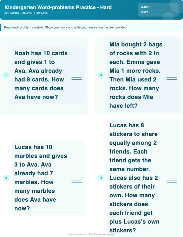 Kindergarten Word Problems Worksheets - Ocean Theme (Hard)