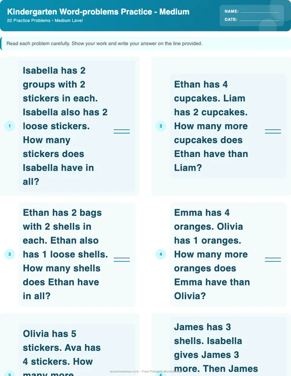 Kindergarten Word Problems Worksheets - Ocean Theme (Medium)