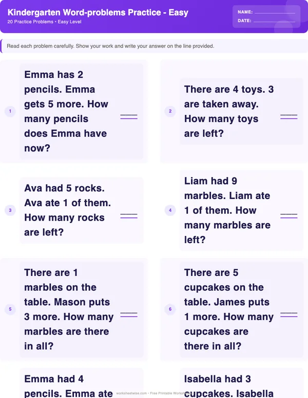 Kindergarten Word Problems Worksheets - Space Theme (Easy)