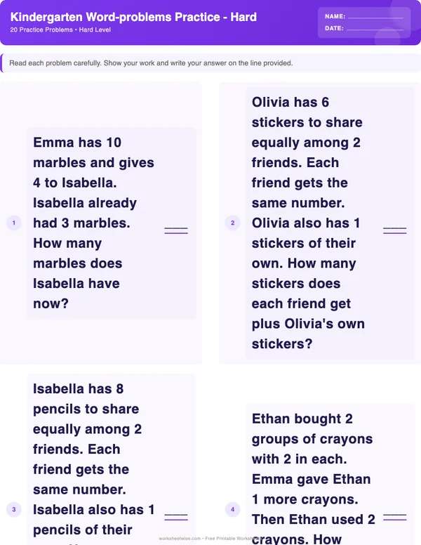 Kindergarten Word Problems Worksheets - Space Theme (Hard)