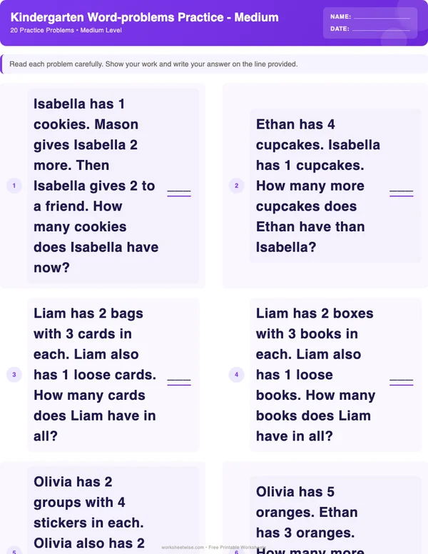 Kindergarten Word Problems Worksheets - Space Theme (Medium)