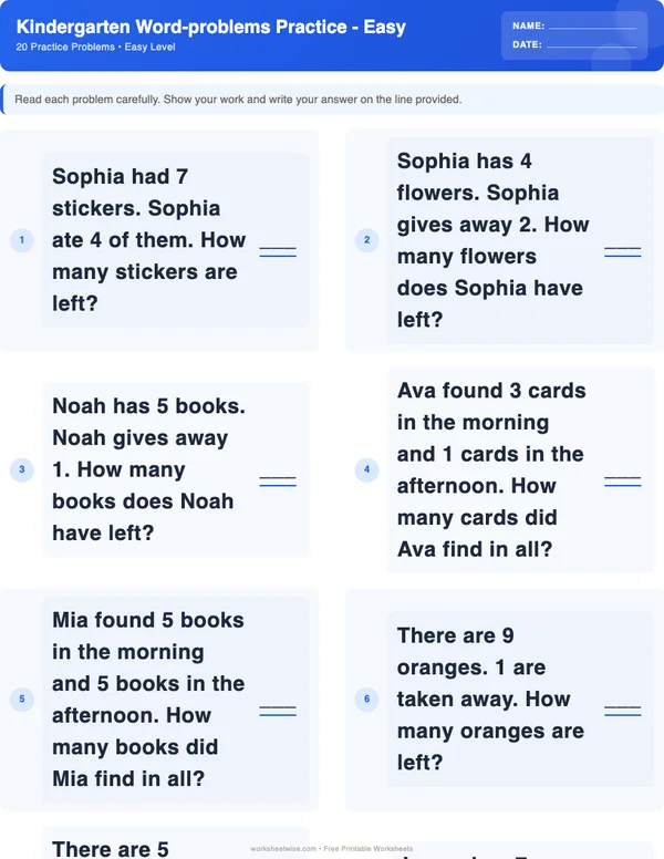Kindergarten Word Problems Worksheets - Standard Theme (Easy)