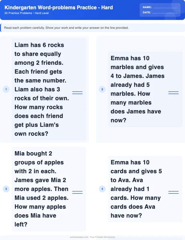 Kindergarten Word Problems Worksheets - Standard Theme (Hard)