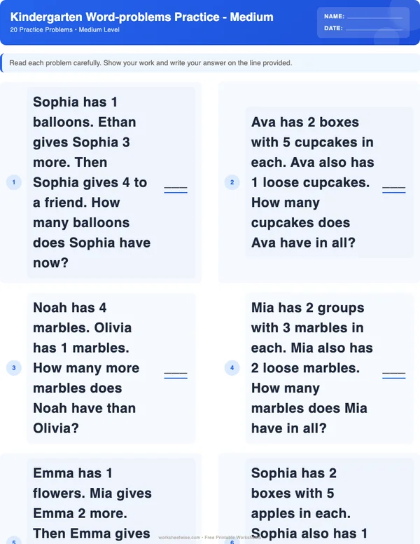 Kindergarten Word Problems Worksheets - Standard Theme (Medium)