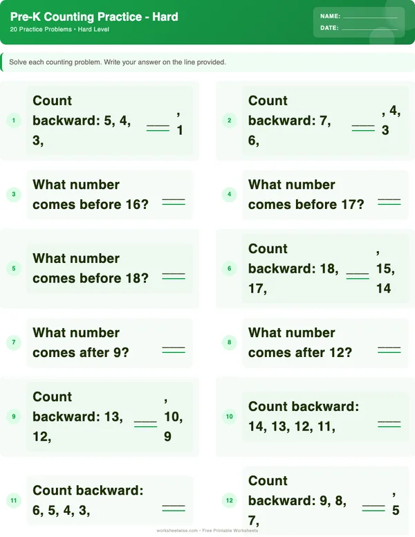 Pre-K Counting Worksheets - Dinosaur Theme (Hard)