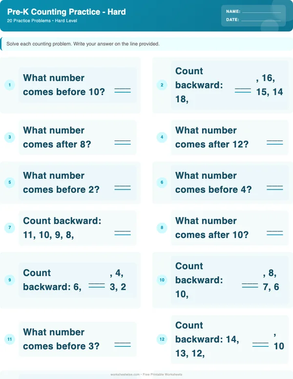 Pre-K Counting Worksheets - Ocean Theme (Hard)
