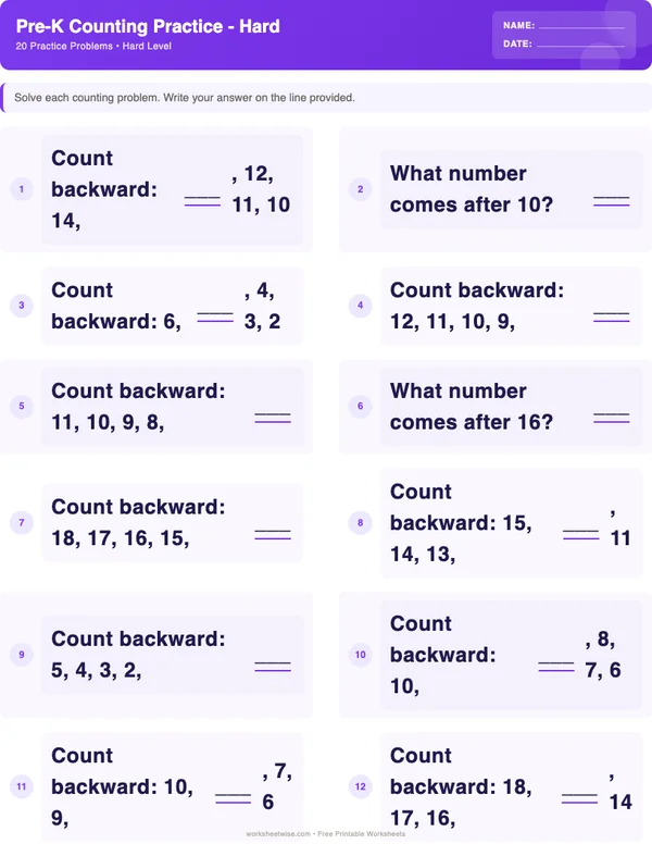 Pre-K Counting Worksheets - Space Theme (Hard)