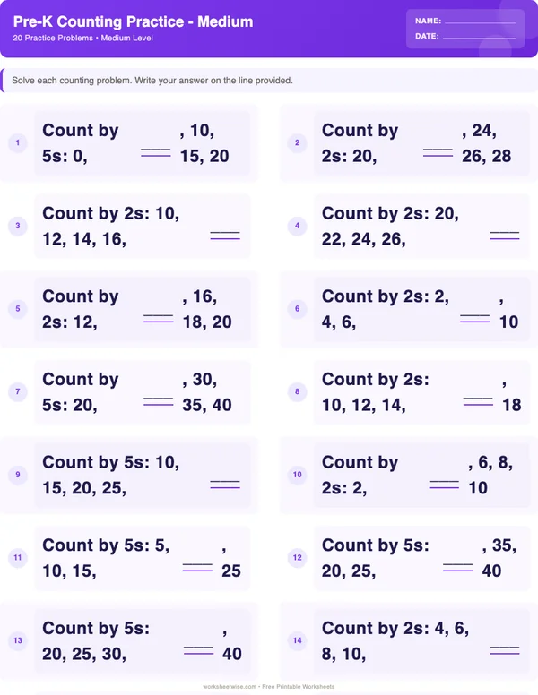 Pre-K Counting Worksheets - Space Theme (Medium)