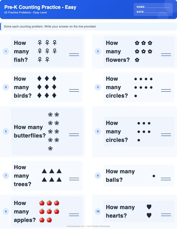Pre-K Counting Worksheets - Standard Theme (Easy)