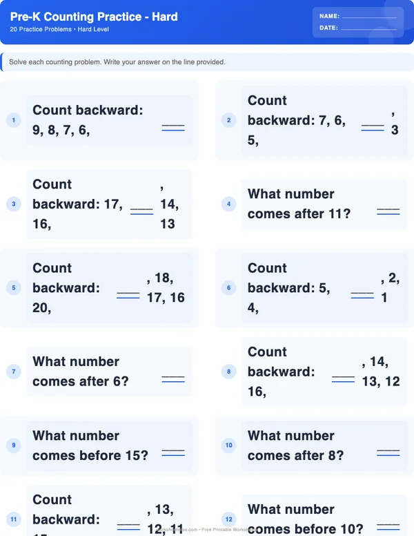Pre-K Counting Worksheets - Standard Theme (Hard)