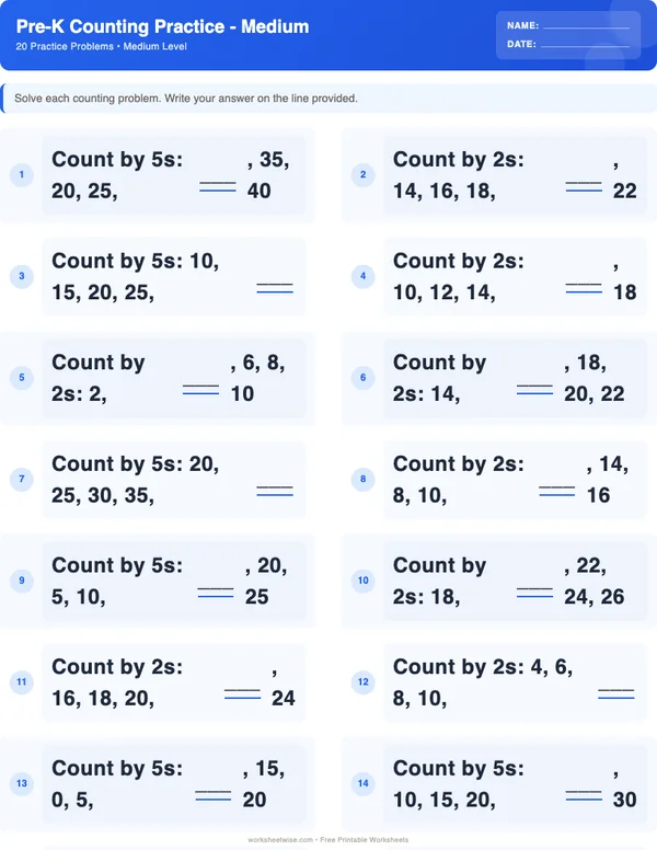 Pre-K Counting Worksheets - Standard Theme (Medium)