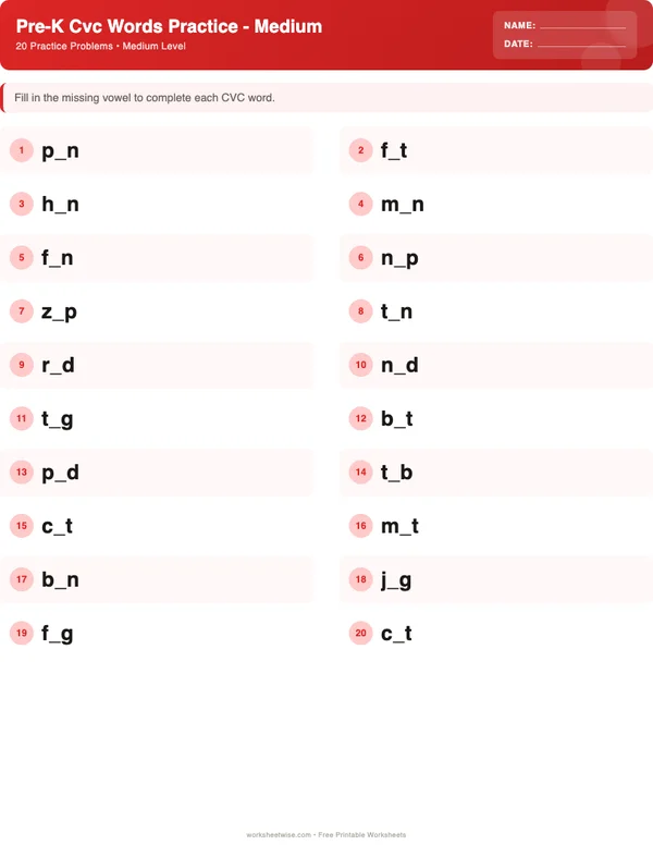 Pre-K CVC Words Worksheets - Christmas Theme (Medium)