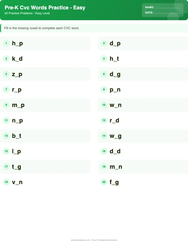 Pre-K CVC Words Worksheets - Dinosaur Theme (Easy)