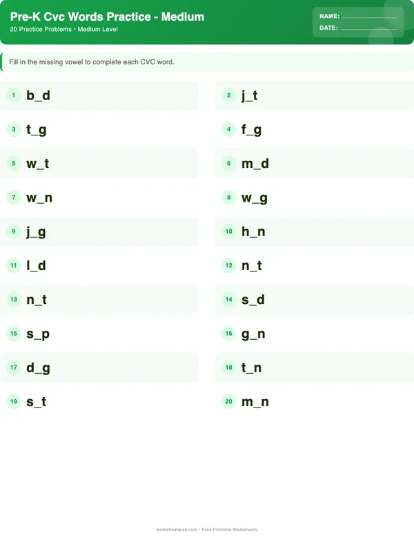 Pre-K CVC Words Worksheets - Dinosaur Theme (Medium)