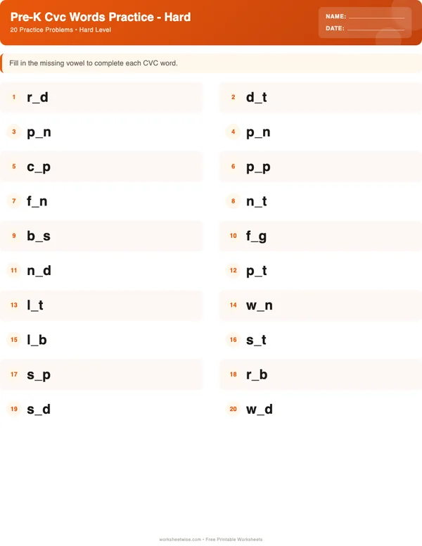 Pre-K CVC Words Worksheets - Halloween Theme (Hard)