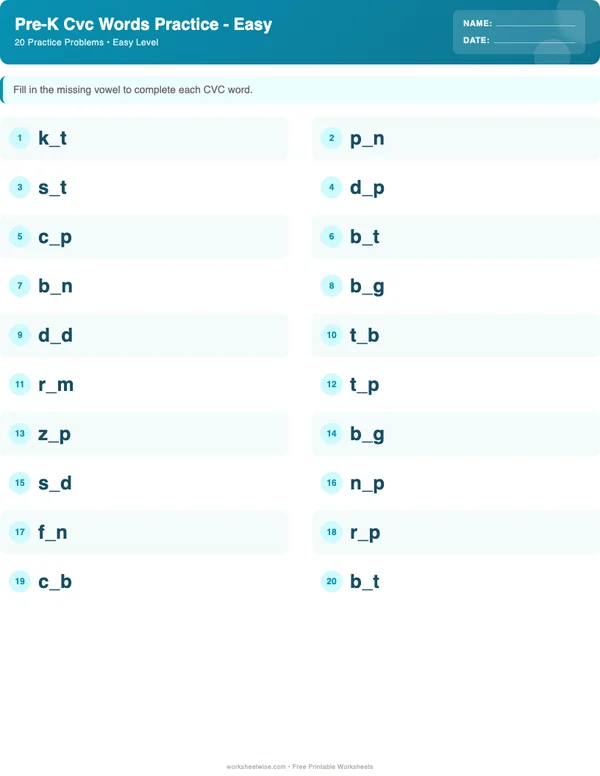Pre-K CVC Words Worksheets - Ocean Theme (Easy)