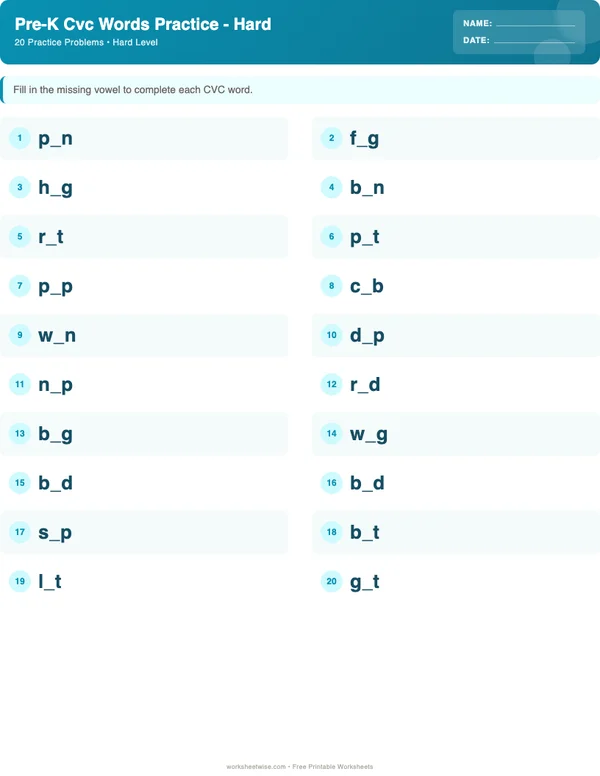 Pre-K CVC Words Worksheets - Ocean Theme (Hard)