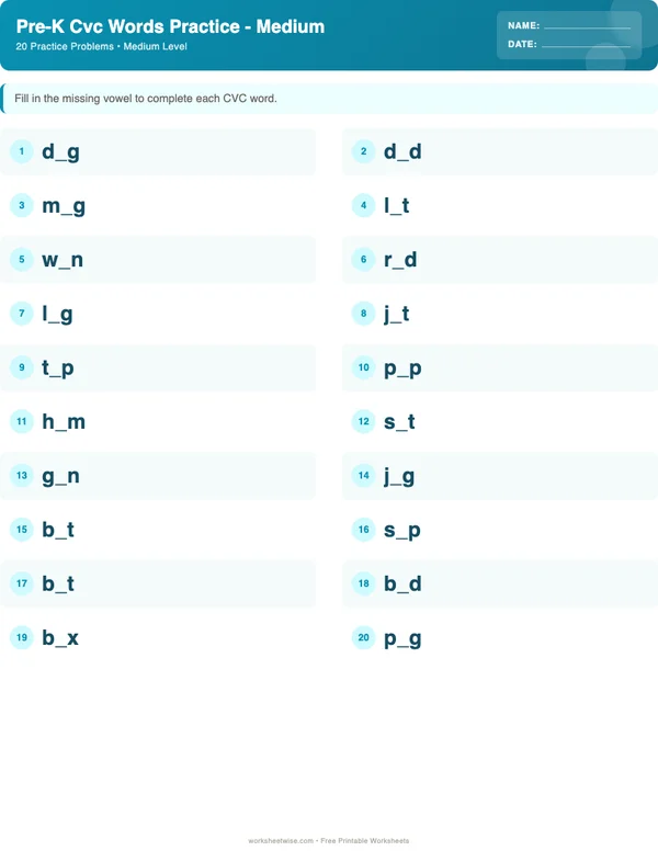 Pre-K CVC Words Worksheets - Ocean Theme (Medium)