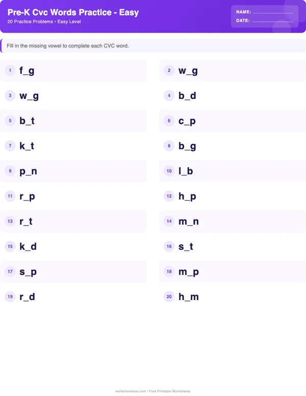 Pre-K CVC Words Worksheets - Space Theme (Easy)