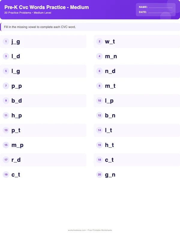 Pre-K CVC Words Worksheets - Space Theme (Medium)