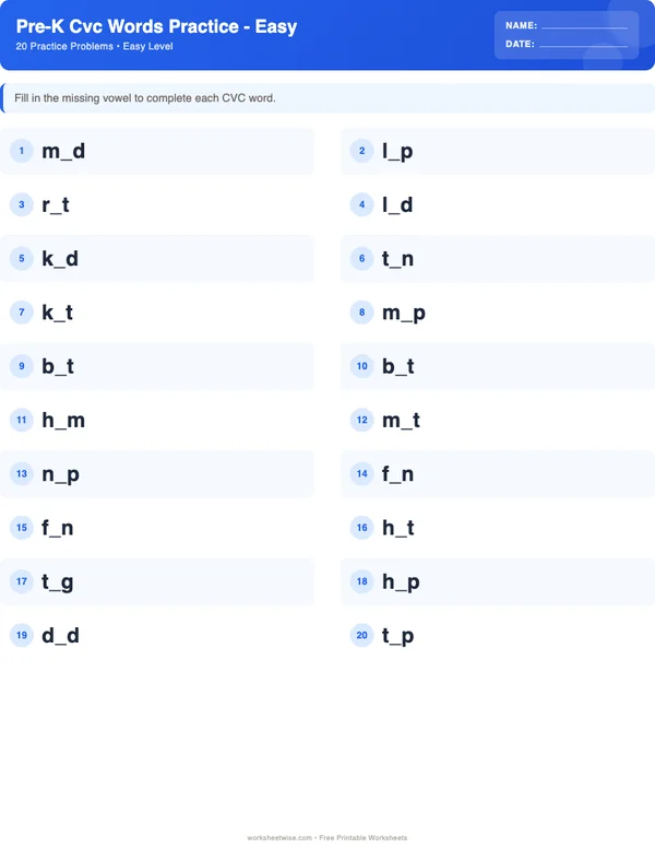 Pre-K CVC Words Worksheets - Standard Theme (Easy)