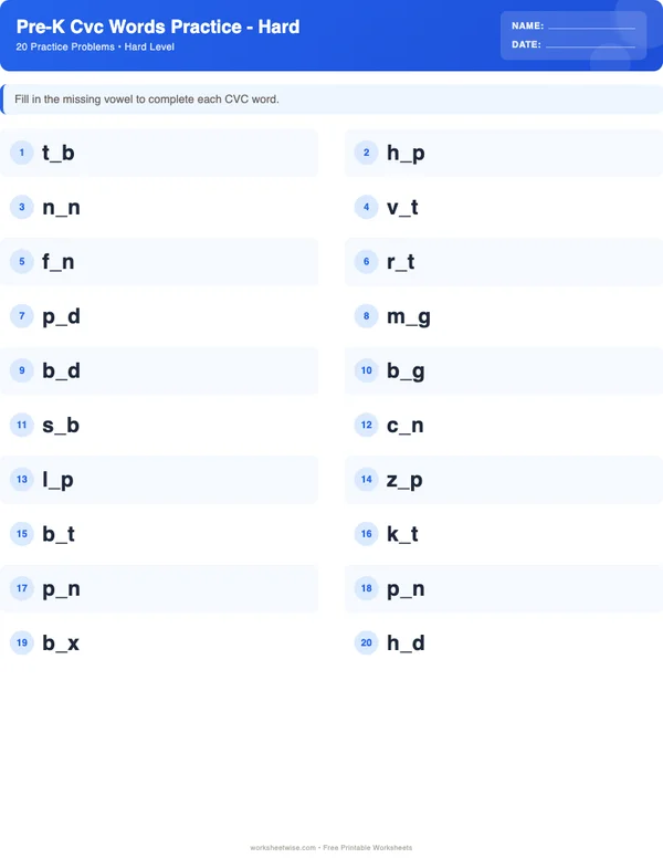 Pre-K CVC Words Worksheets - Standard Theme (Hard)