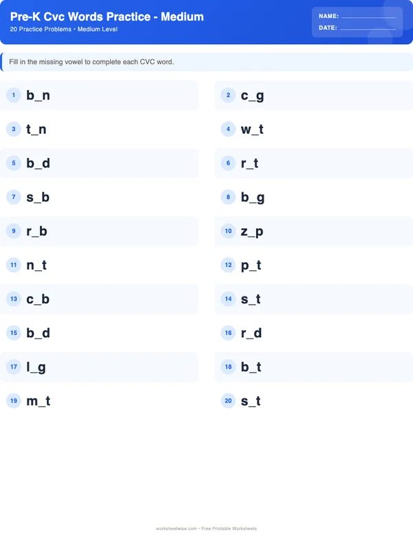 Pre-K CVC Words Worksheets - Standard Theme (Medium)