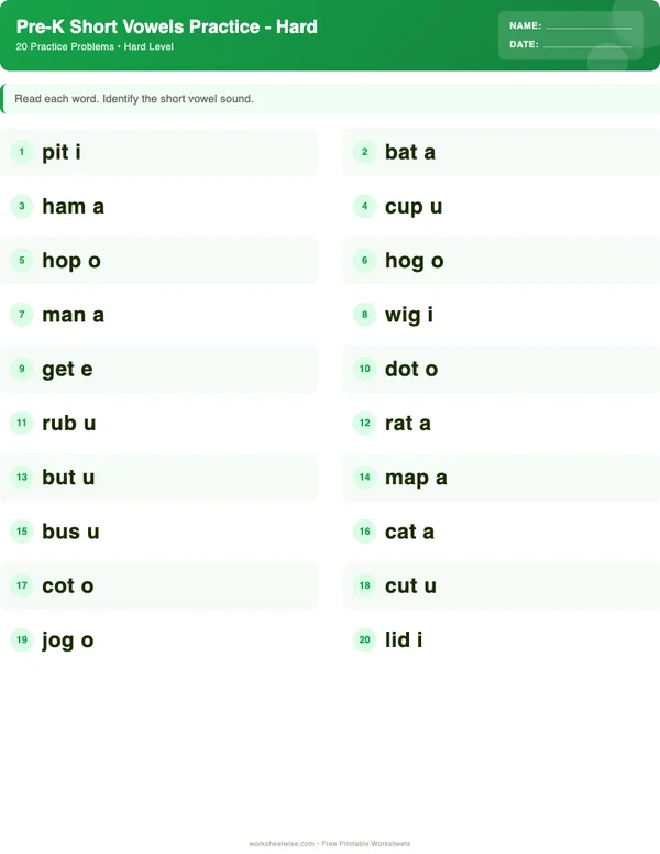 Pre-K Short Vowels Worksheets - Dinosaur Theme (Hard)