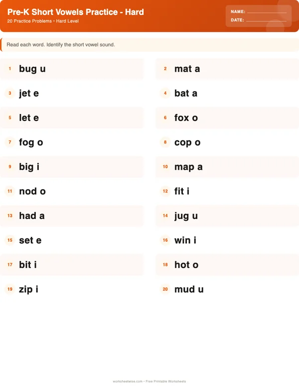 Pre-K Short Vowels Worksheets - Halloween Theme (Hard)