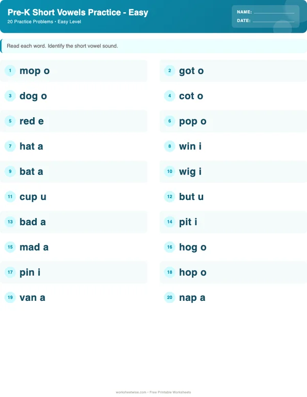 Pre-K Short Vowels Worksheets - Ocean Theme (Easy)