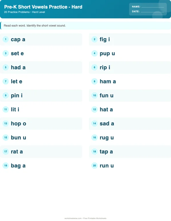 Pre-K Short Vowels Worksheets - Ocean Theme (Hard)