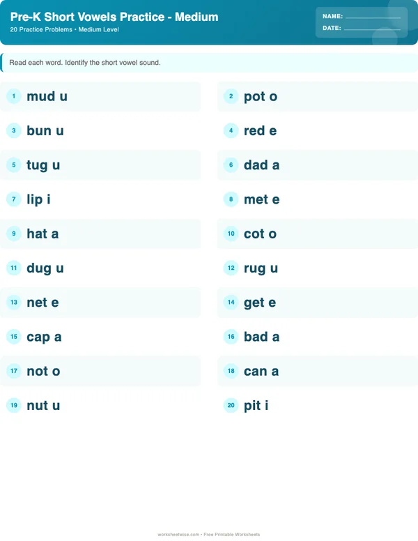 Pre-K Short Vowels Worksheets - Ocean Theme (Medium)