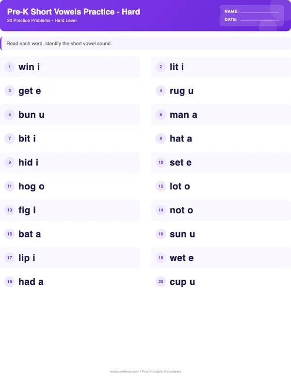Pre-K Short Vowels Worksheets - Space Theme (Hard)