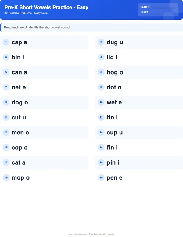 Pre-K Short Vowels Worksheets - Standard Theme (Easy)
