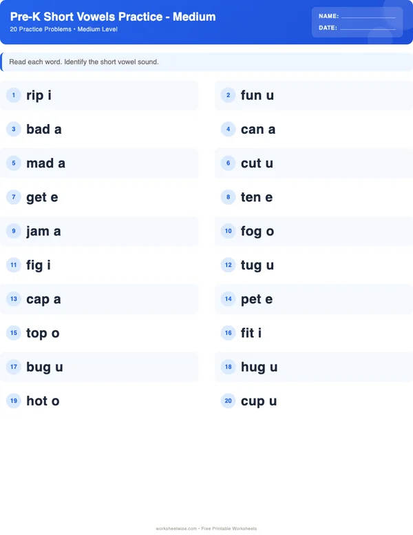 Pre-K Short Vowels Worksheets - Standard Theme (Medium)