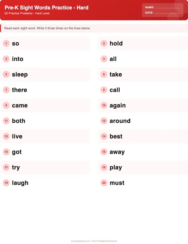 Pre-K Sight Words Worksheets - Christmas Theme (Hard)