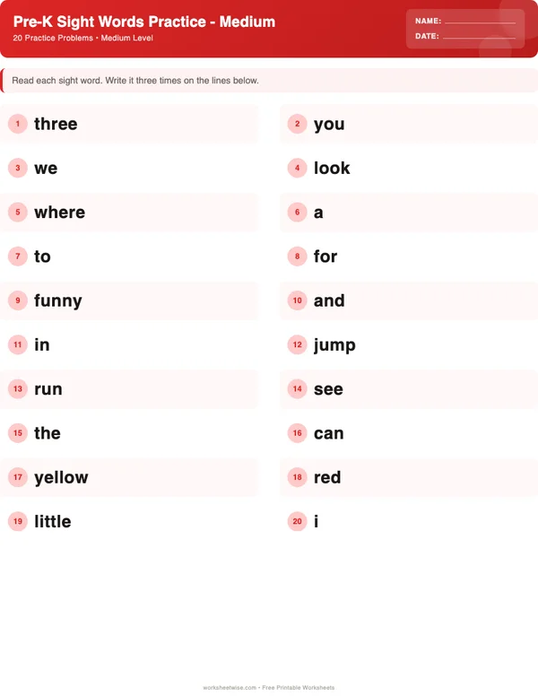 Pre-K Sight Words Worksheets - Christmas Theme (Medium)