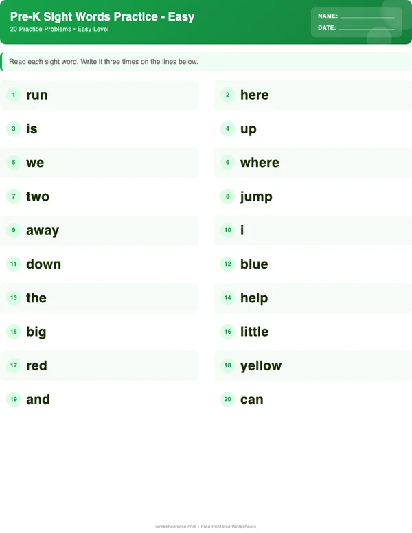 Pre-K Sight Words Worksheets - Dinosaur Theme (Easy)