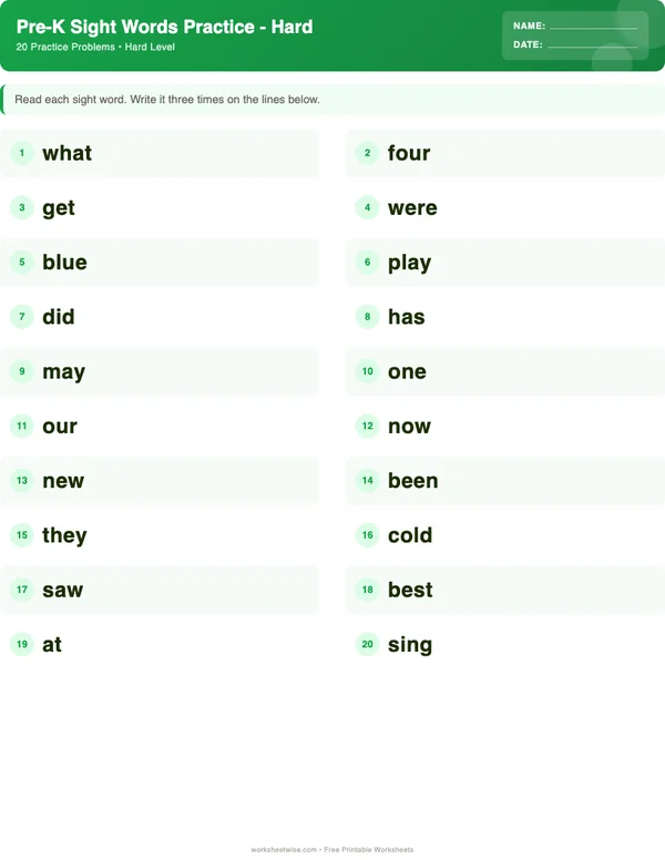 Pre-K Sight Words Worksheets - Dinosaur Theme (Hard)