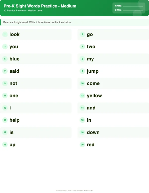 Pre-K Sight Words Worksheets - Dinosaur Theme (Medium)